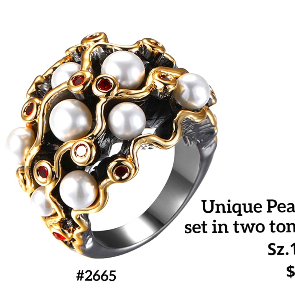 Faux pearl, simulated ruby, set in 925ss, sz.10.25